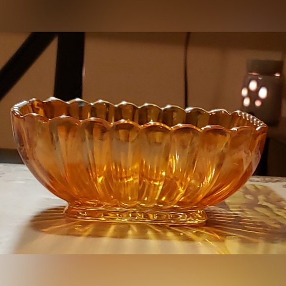 A Vintage Square Amber Glass Candy Bowl With a Starburst Bottom - Picture 2 of 4